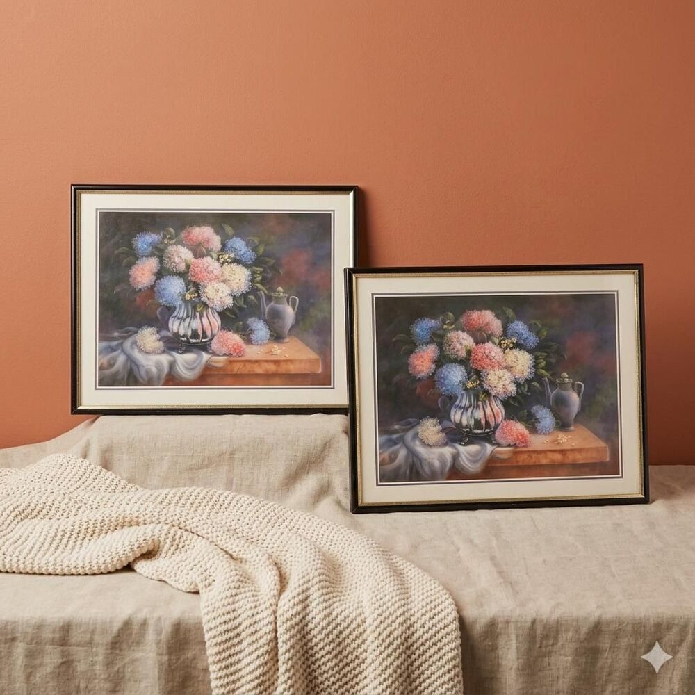 Vintage Vivian Flasch Hydrangeas & Silver Framed Prints Pair | 1998 Cottagecore